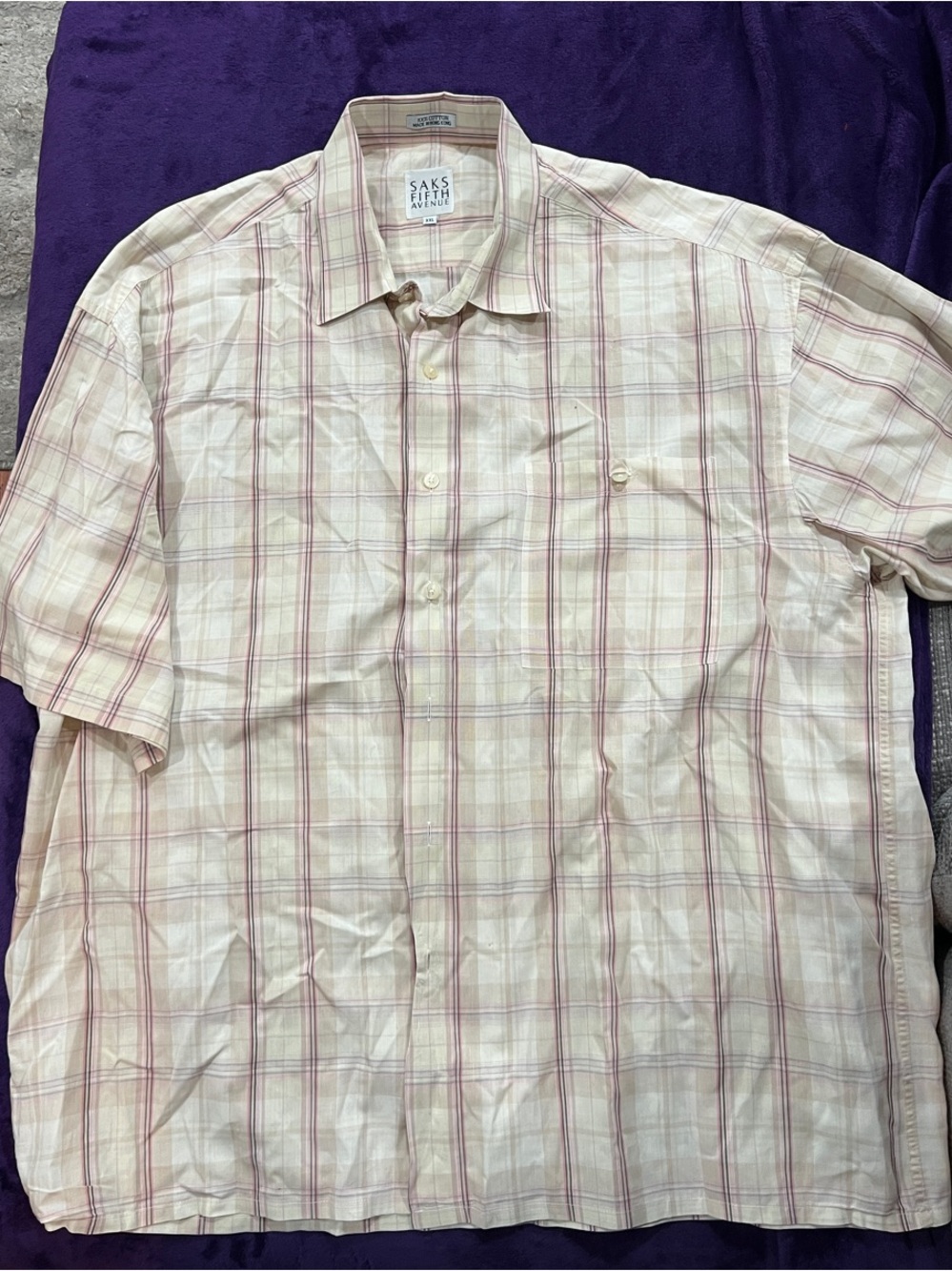 Saks Fifth Avenue Men's Short-Sleeve Plaid Shirt in Cream and Pink